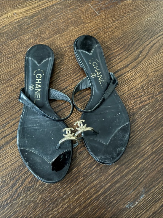 CHANEL Shoes - CHANEL Black Leather Sandal with Gold CC Logo